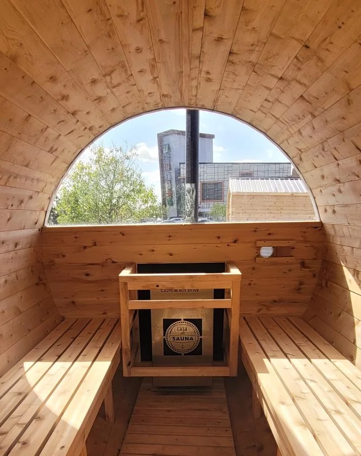 panoramic barrel sauna from the backyard barrel