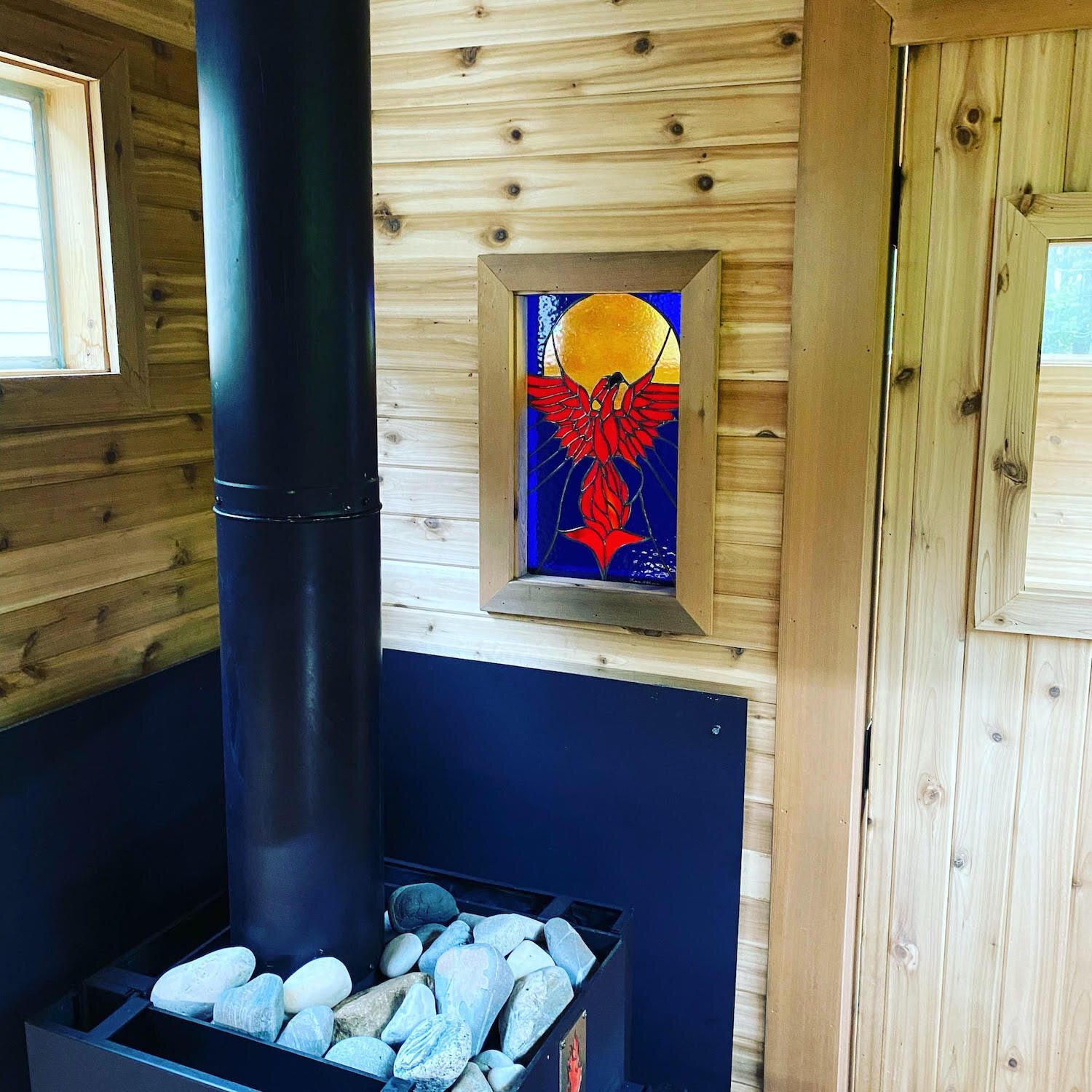 woodfired sauna interior for rent in maine