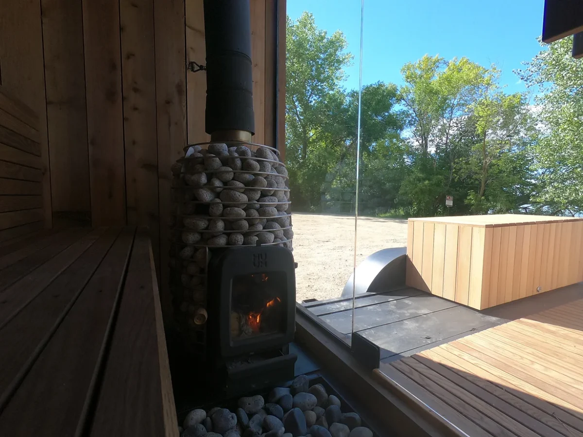 HUUM Stove in the riverbend sauna by ox builders in cokato mn
