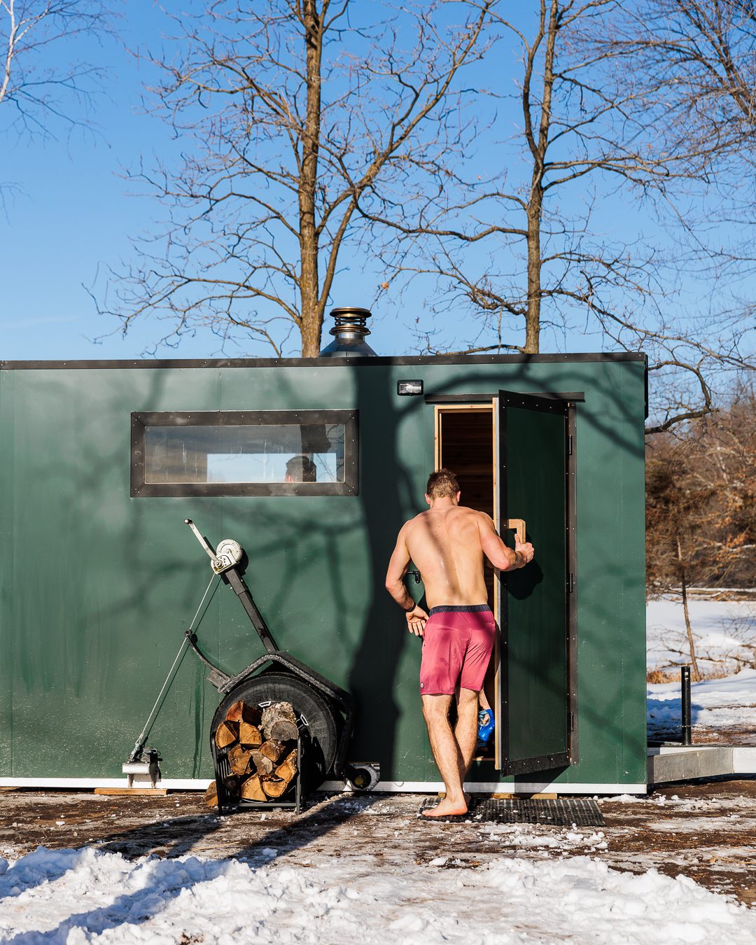 Getting into a mobile sauna in Minnesota during the winter