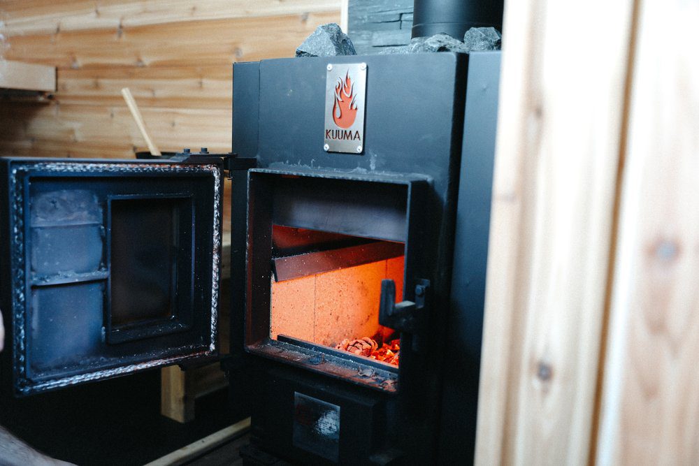 Kuuma stove in a mobile sauna that delivers in Minneapolis, Minnesota